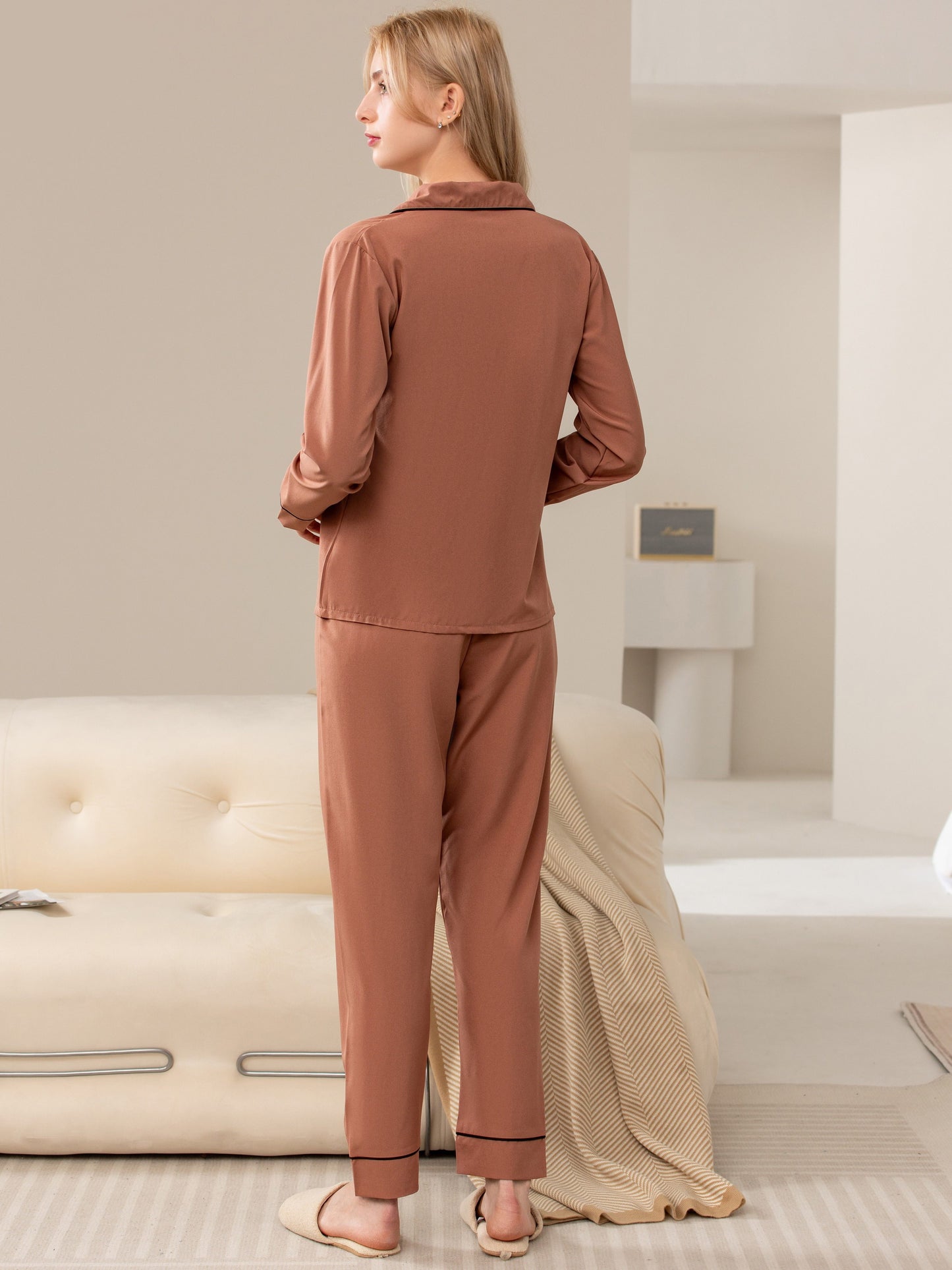 Women's lounge set with letter pattern trim, long sleeve top, lapel collar, and elastic pants for casual wear and sleepwear