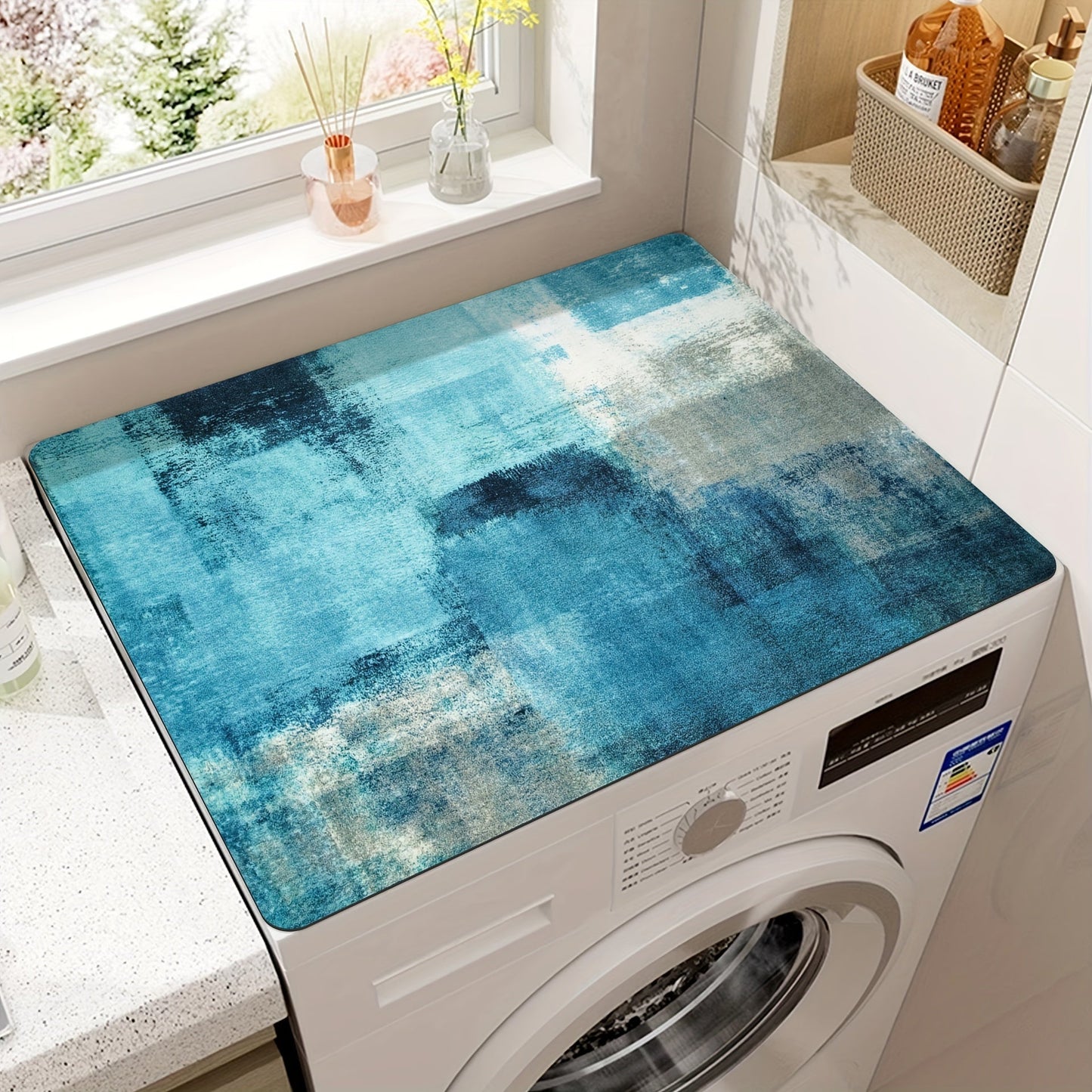 One piece Mandala Vintage Plaid Print Dust Cover for Washing Machine and Dryer. Measures 50.8cm x 101.6cm. Stain-Resistant, Non-Slip Storage Mat and Drain Mat included.