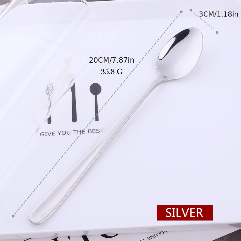 Long handle rainbow ice spoon made of 18/10 stainless steel for mixing and stirring beverages, ice cream, or desserts. Mirror polished.