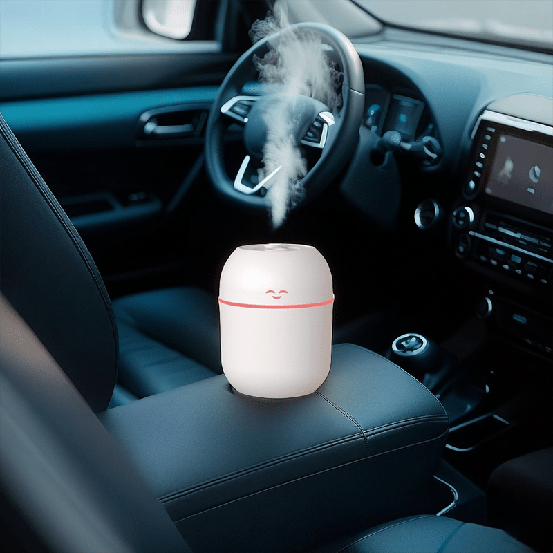 Compact USB-powered essential oil diffuser holds 7.44oz, doubles as humidifier and night light, with cute face design for car and home.