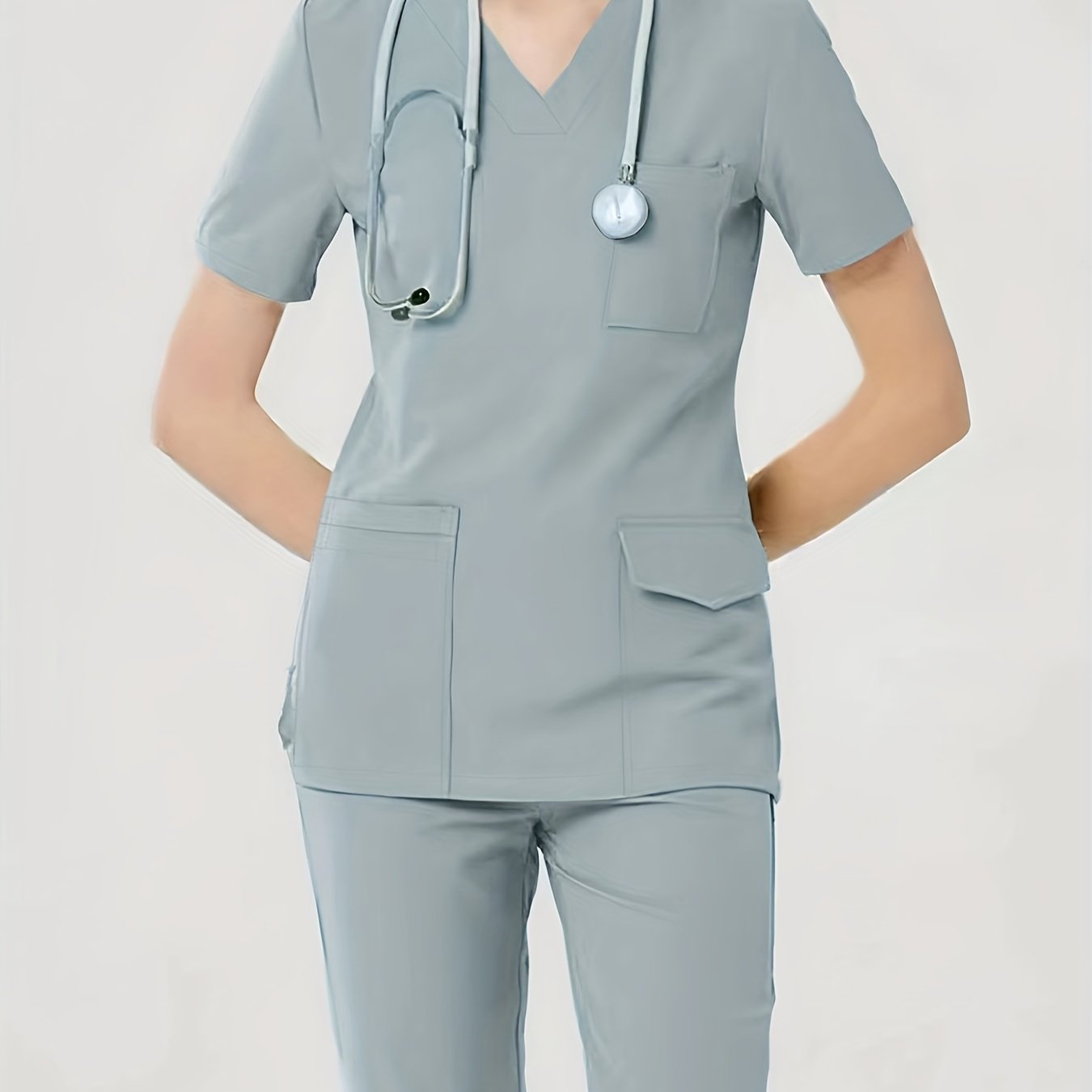 Women's Health Care Uniform Set: Cozy V-neck Top with Pockets and Solid Pants