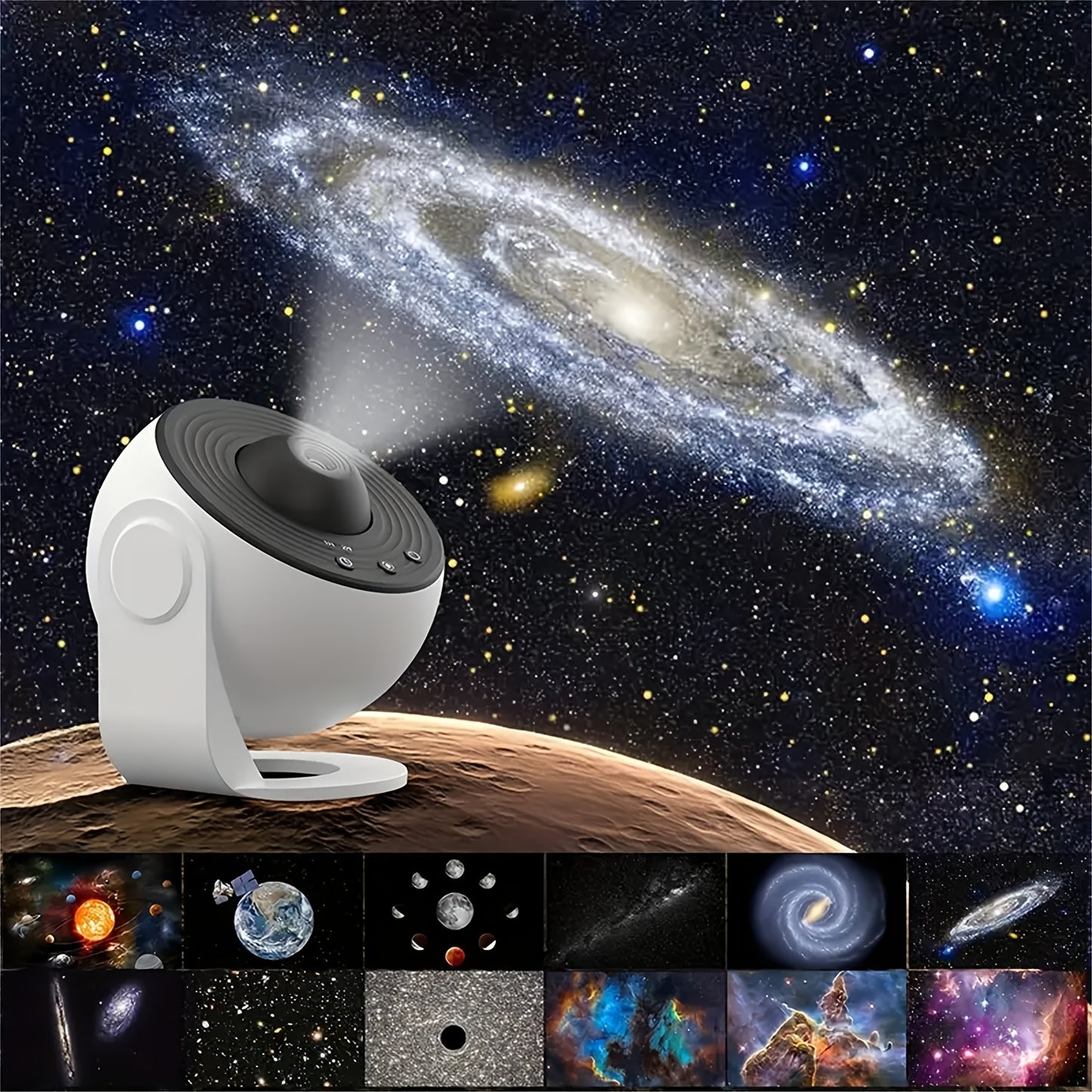 Projection lamp with starry sky galaxy design, USB powered, rotates 1.5-5 meters, includes 12 high-definition slides. Perfect for bedroom, living room, or e-sports room. Ideal festival or