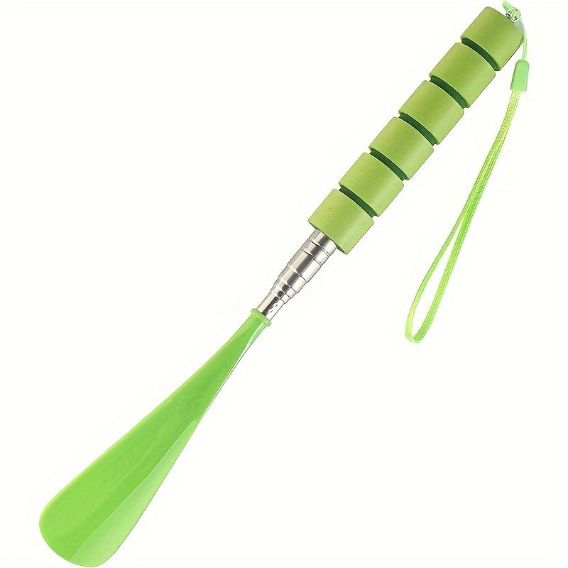 Telescopic stainless steel shoe horn with non-slip grip and adjustable length for easy footwear assistance on the go.