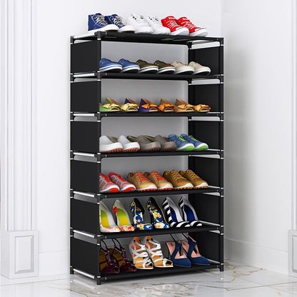 A convenient 5/7-Tier Shoe Rack designed to save space, featuring easy assembly, stackable and expandable capabilities. Made with durable fabric and metal, no batteries needed. Perfect for storing shoes in the living room, dorm, apartment, or home