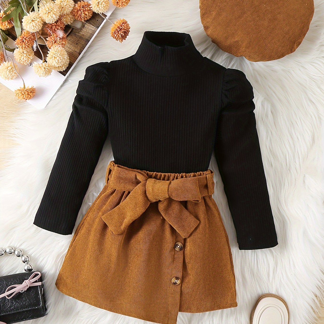 Young Girl High Leader 3pcs Set: Crotch T-shirt, Corduroy Belt Skirt, Hat