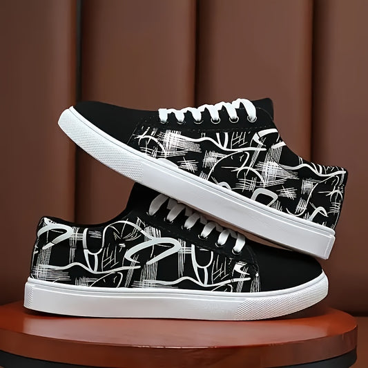 Men's vintage street fashion canvas sneakers with abstract print, breathable lining, durable sole, and skateboarding comfort for all seasons.