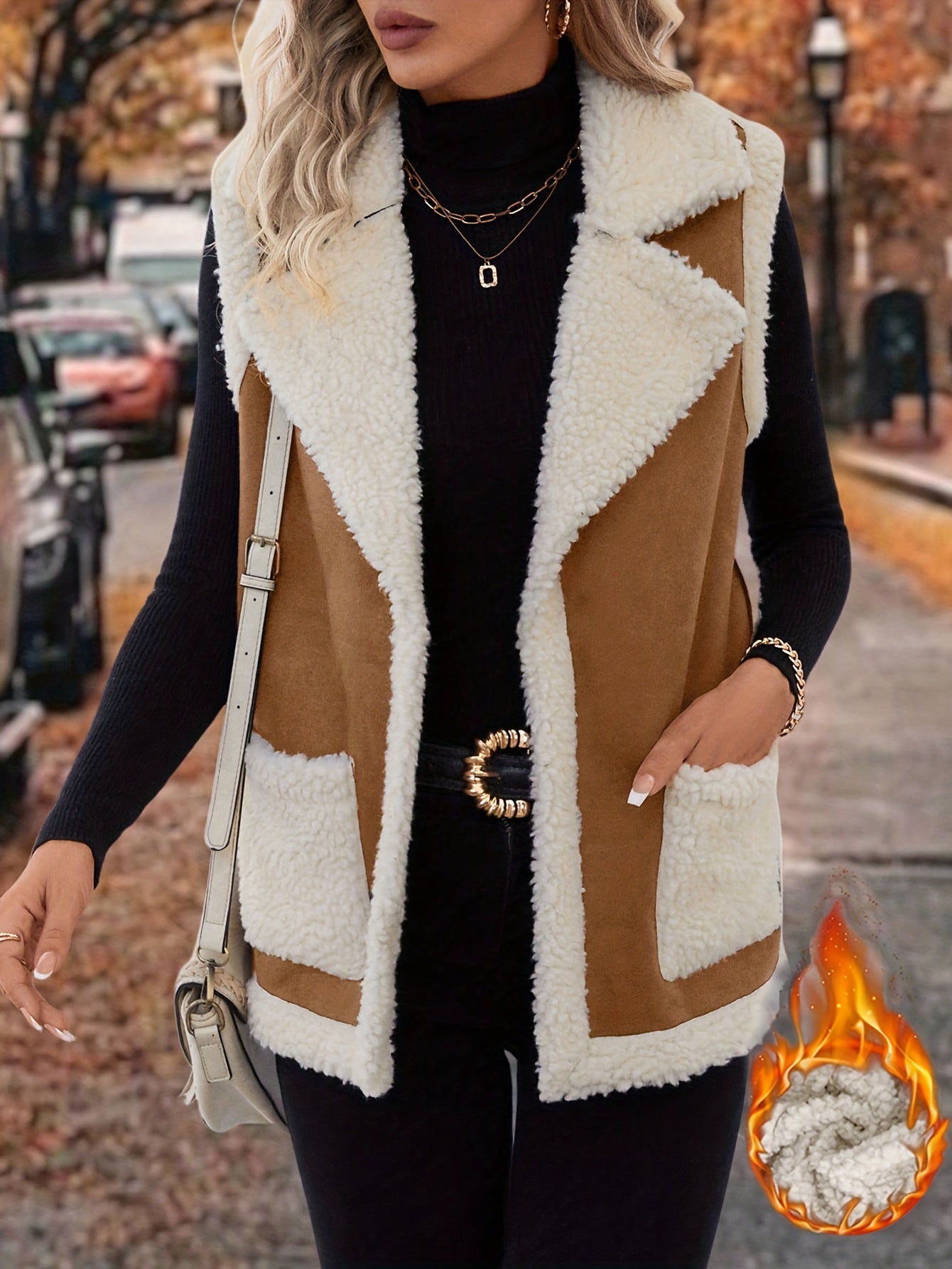 Chic solid color polyester sherpa vest with pockets and lapel collar for all-season warmth.