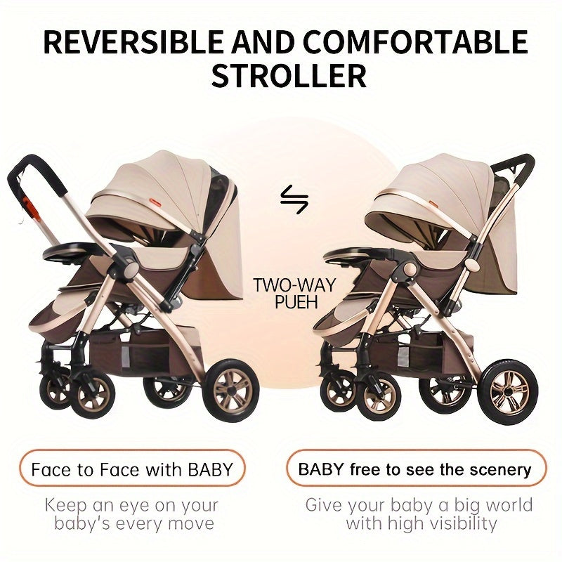 Elegant khaki and brown striped stroller for kids with high carbon steel frame, one-handed fold, storage bag, canopy, front-facing design, single seat, flat recline, perfect for everyday