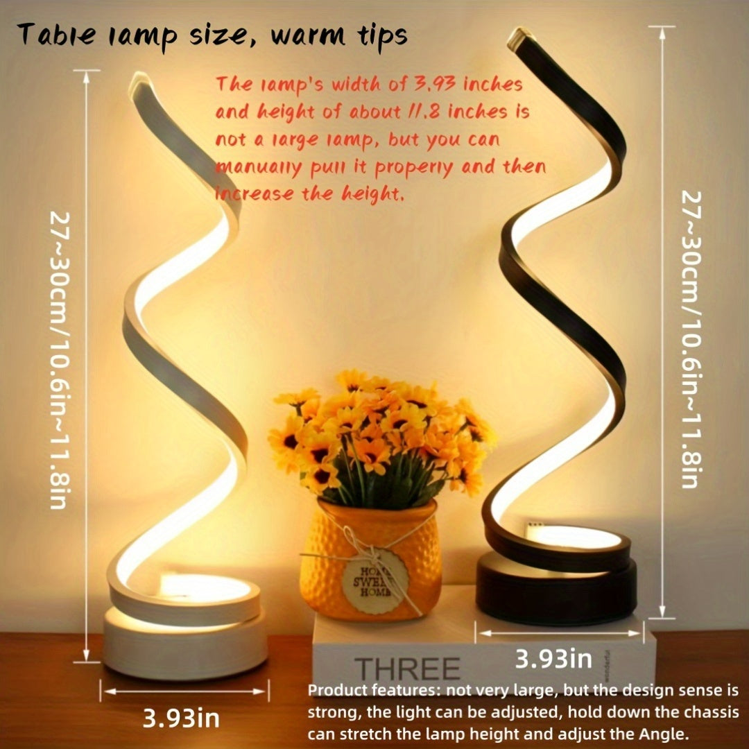 Modern spiral table lamp with adjustable lighting, USB power, ideal for bedroom, study, living room, or gifting.