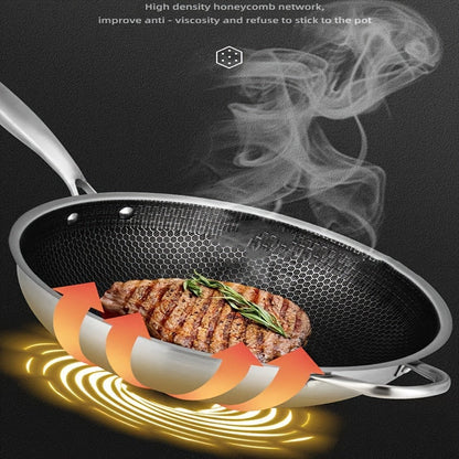 1-piece Stainless Steel Skillet with Lid featuring a thick honeycomb non-stick surface, perfect for cooking steak, eggs, and stir-fry dishes. This versatile pan is compatible with both induction and gas stoves, but should be hand washed for best results.