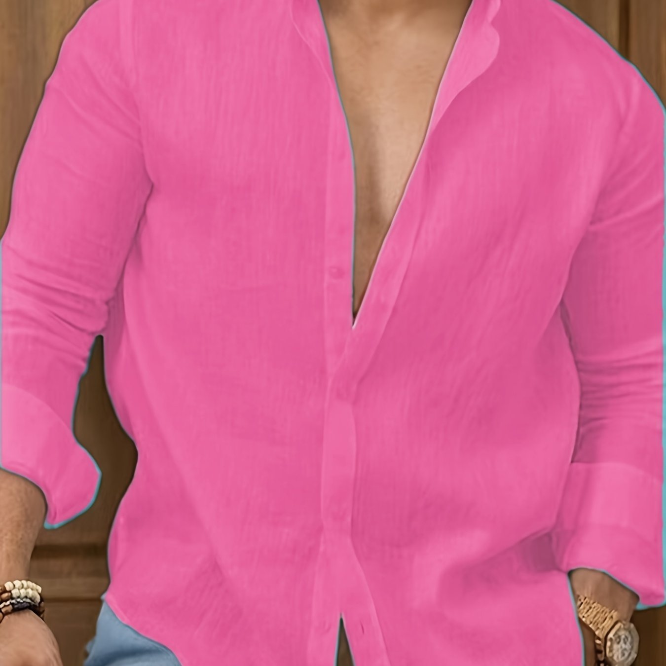 Men's fashionable pink casual button-up shirt, ideal for spring outings, made of cotton blend fabric with polyester, lightweight and long sleeve.