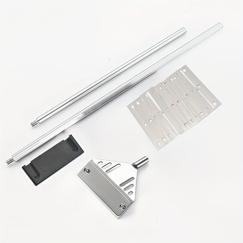 Algae scraper set for glass aquariums includes brush and net, made of durable stainless steel/aluminum alloy in various sizes.