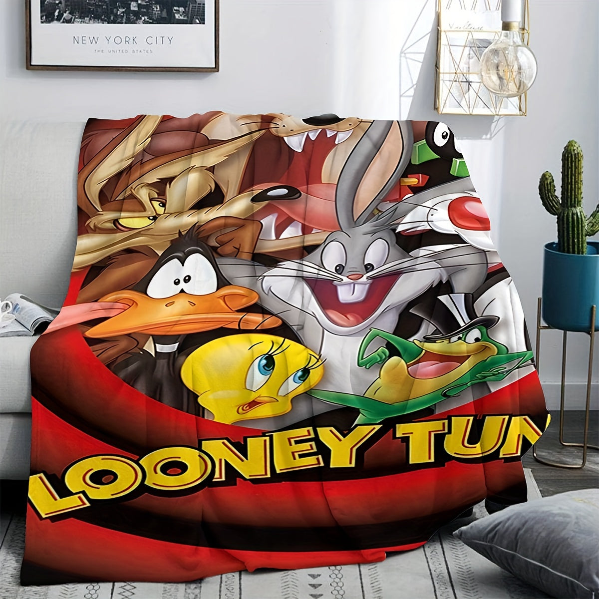 Looney Tunes Cartoon Characters Printed Polyester Knitted Blanket - Modern Design, Versatile Throw for Bedroom, Couch, Bed, Travel - High-Quality Digital Print, Lightweight 200-250gsm Blanket