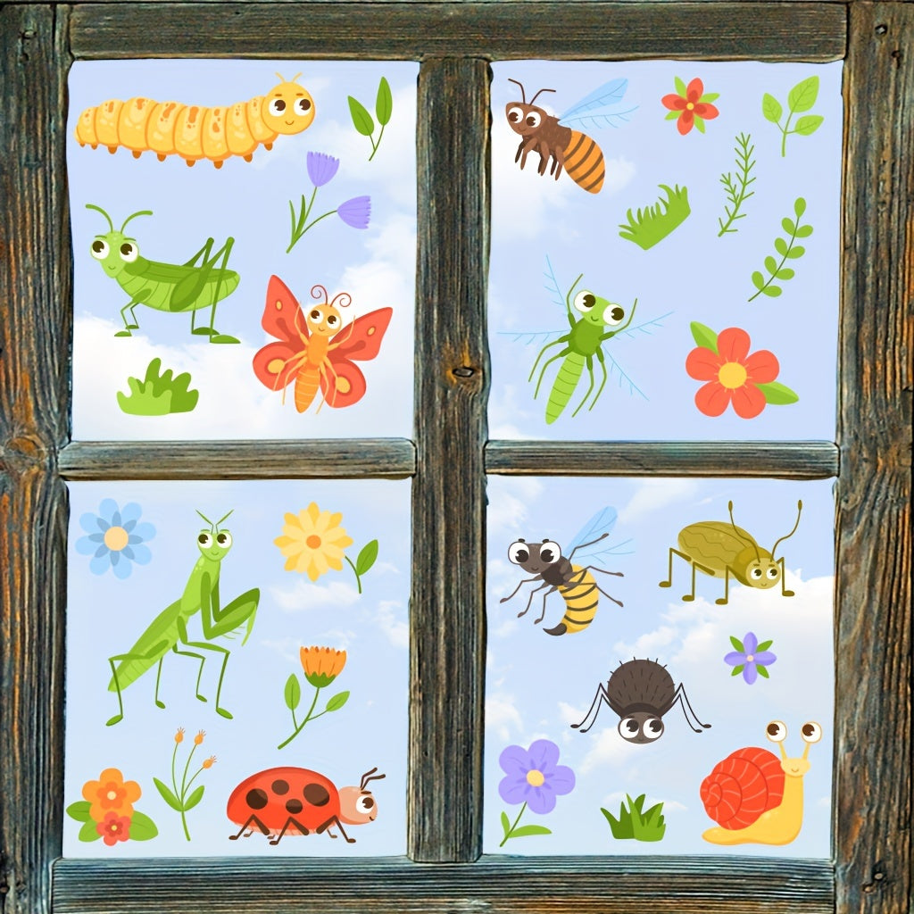 Two static electricity glass stickers featuring cartoon insects and flowers with intricate detailing. These decorative stickers are detachable and designed for glass windows measuring 29.97cm x 20.07cm.