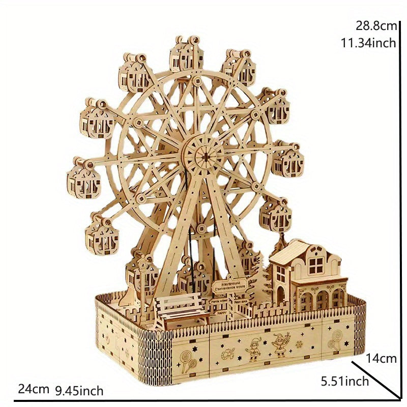 Wooden DIY assembly hobby model kit of Ferris wheel, suitable for adults and teens 14+, serves as a decorative carousel replica.