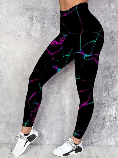 High-waisted floral print leggings for women in plus size. Stretchy, casual, and machine washable. Black with vibrant purple & teal accents. Suitable for all seasons, with a comfortable fit.