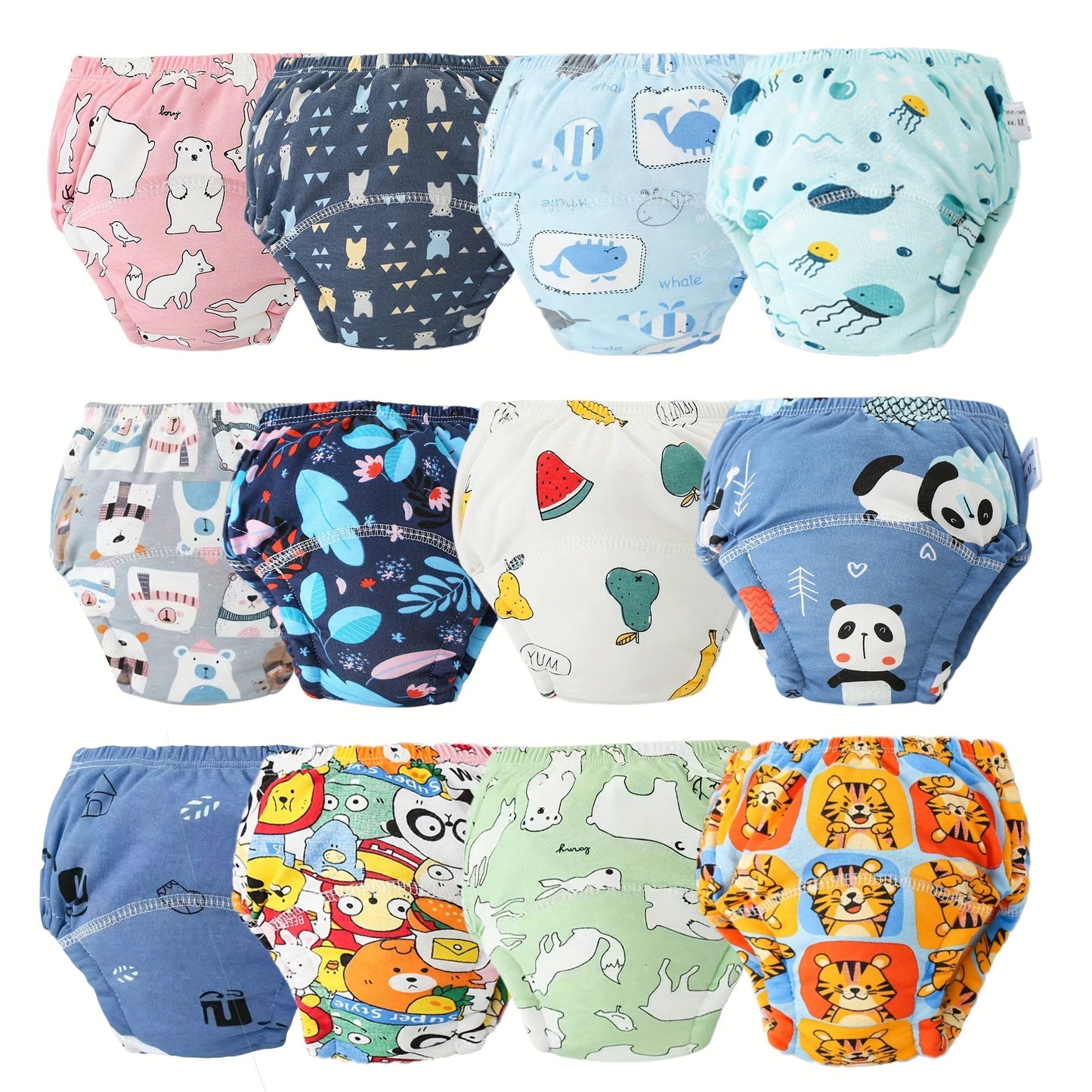 Set of 12 Reusable Kids Training Diapers - Made with Washable, Soft Knit Fabric - Ideal for Kids & Toddlers during Potty Training - Adorable Cartoon Prints