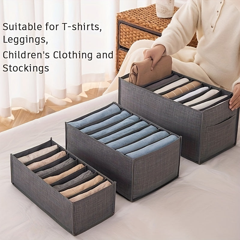 Set of 4 Gray Brushed Non-Woven Fabric Storage Bins with 7 Compartments - Multi-functional Storage Solution for Clothing, Undergarments & Socks, Perfect for Under-Bed Organization