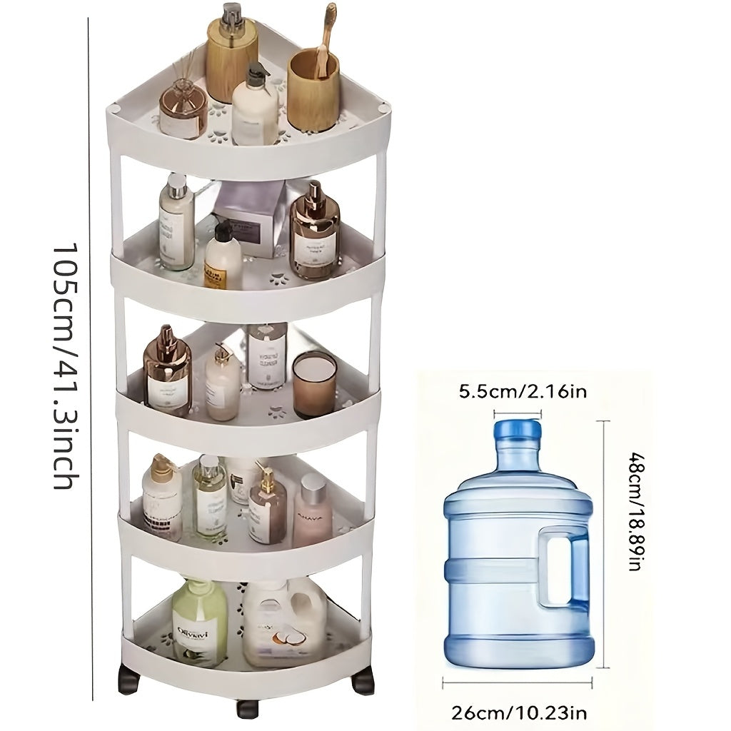 5-Tier corner bathroom shelf in plastic with ash finish and no golden pipes, a space-saving essential for your bathroom.