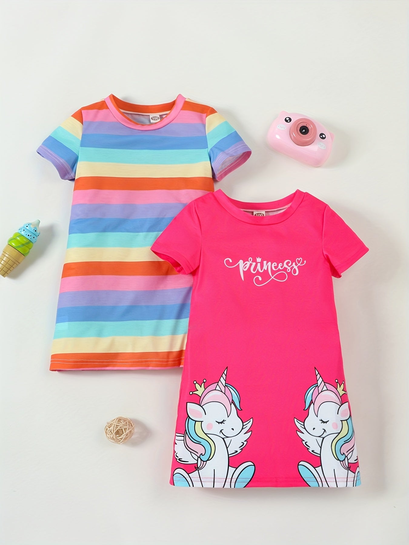 Girls' cat print dress set with round neck and matching t-shirt, ideal for summer casual wear