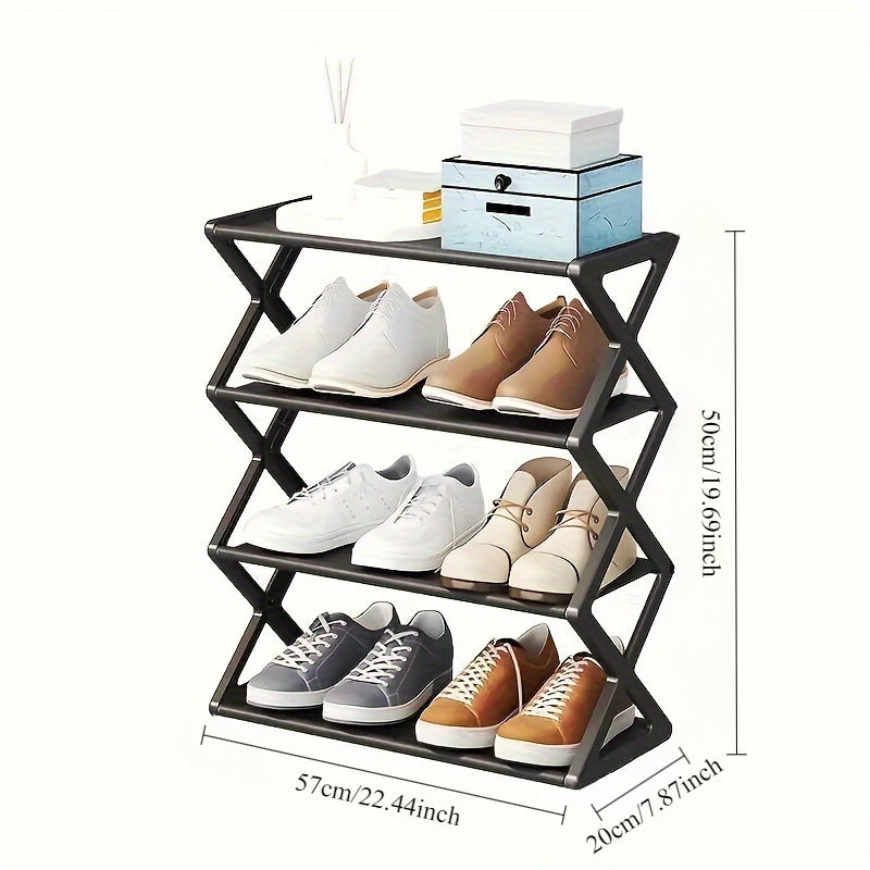 Retro-style folding shoe rack with 4 layers, holds up to 12 pairs of shoes. Space-saving design does not require electricity. Perfect for the living room, balcony, bedroom, or any room in the house. Easy to assemble and foldable for convenient storage.