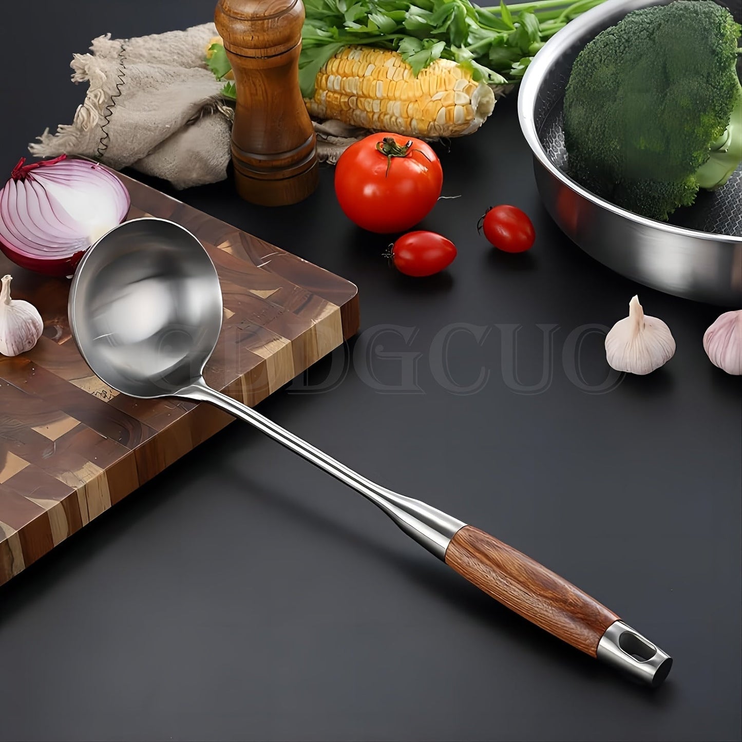 Seven pieces of cooking utensils made with durable 304 stainless steel, complete with a rotating stand storage box. The set includes a slotted spoon, slotted spatula, ladle, soup ladle, spreader, and spaghetti server.