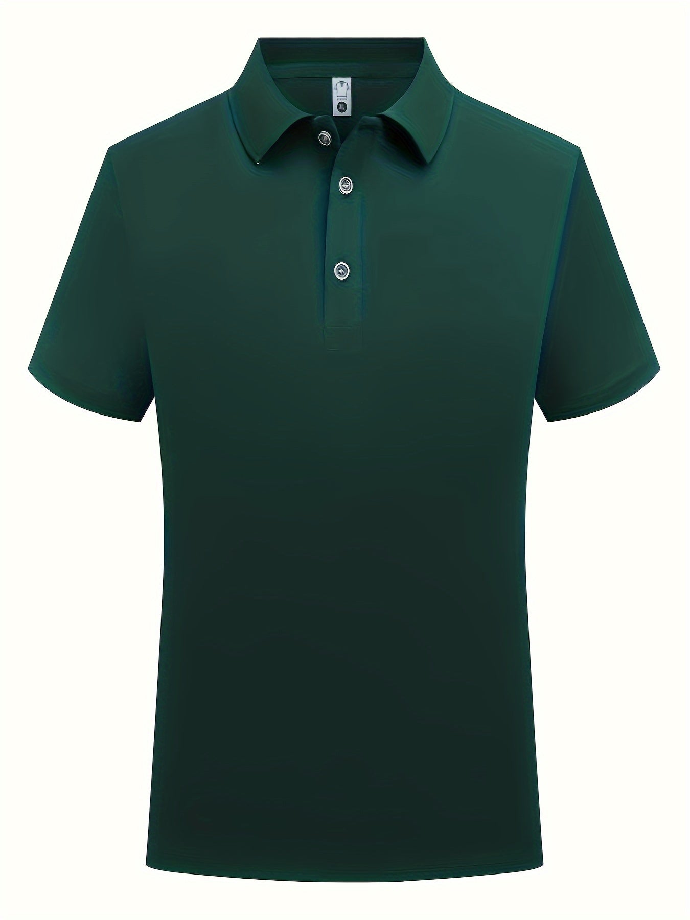 Men's summer casual short sleeve shirt in green, made of 100% polyester knit fabric with slight stretch. Regular fit with solid color lapel collar and button details. 145G/M².