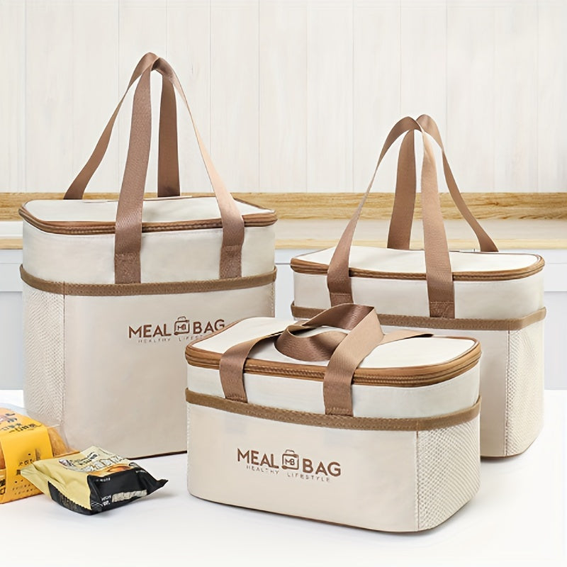 Set of insulated lunch bags with handle, made of hand washable light beige polyester material, featuring a thick aluminum foil lining for insulation. These waterproof thermal food container totes come in three different sizes, perfect for work or school.