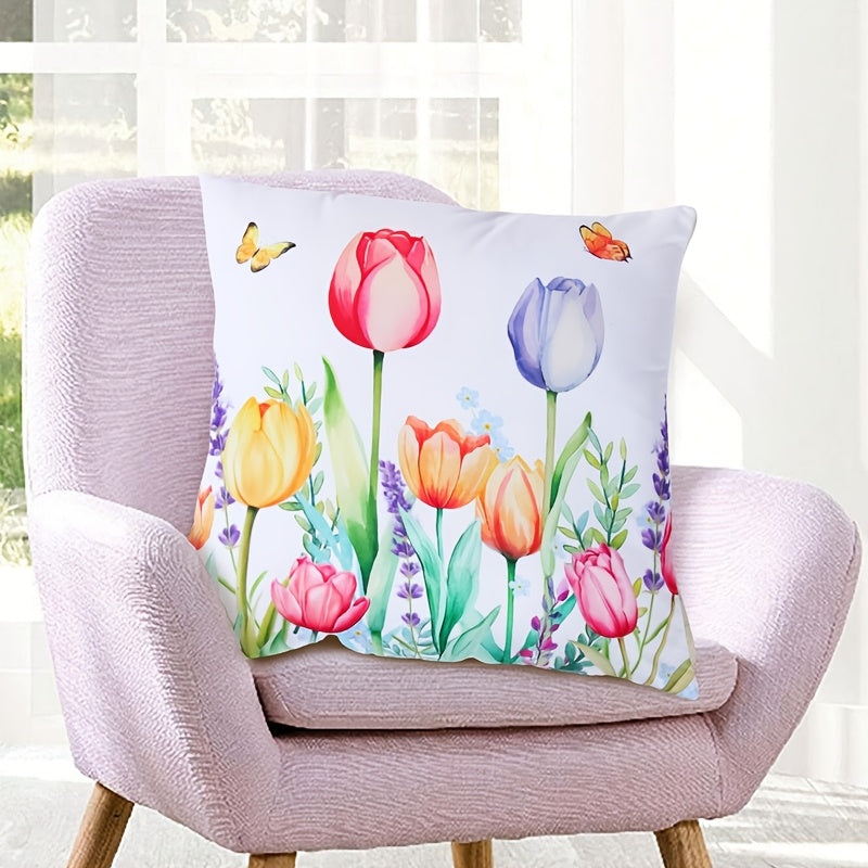 Modern Floral and Butterfly Print Decorative Pillow Cover, Made of Polyester, Easy to Clean in the Washing Machine, Features a Zipper Closure, Ideal for Adding a Touch of Spring to Your Living Room Decor or Party Setting.