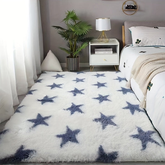 Nordic Star Pattern Silk Fleece Area Rug - Soft Plush Shaggy Non-Slip Washable Carpet for Bedroom, Living Room, Office, Nursery - Non-Shedding Mats - Dry Clean Only - Home and Room Decor