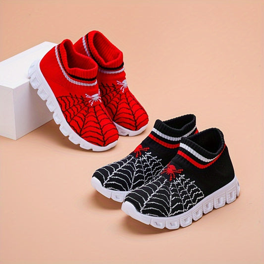 Breathable slip-on woven shoes with a cool spider pattern for boys, perfect for walking and running.