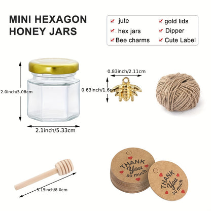 Small hexagonal glass honey jars come in 1.5 oz sizes in sets of 20, 30, 50, or 60. Each jar includes a spoon, bee symbol, and thank you card. They have golden lids and are ideal for baby gifts, weddings, and parties.