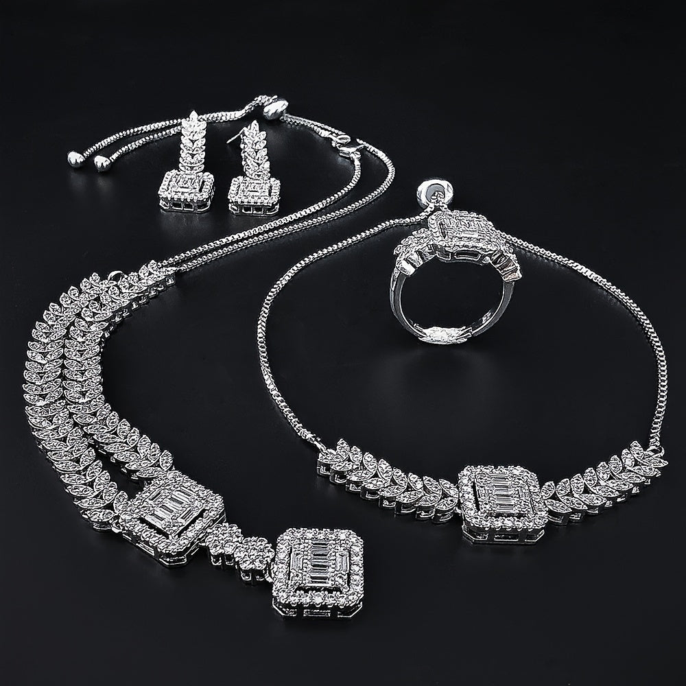 Sophisticated 4-piece Jewelry Set featuring Cubic Zirconia - Opulent Necklace, Earrings, Bracelet, and Ring perfect for Weddings, Engagements, and Special Events.