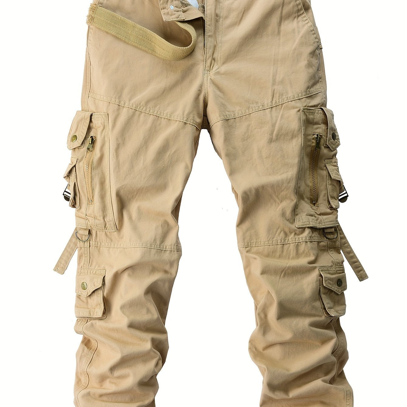 Men's vintage heavy-duty cotton cargo pants with multiple pockets, zipper fly, and loose fit for all-season work wear.