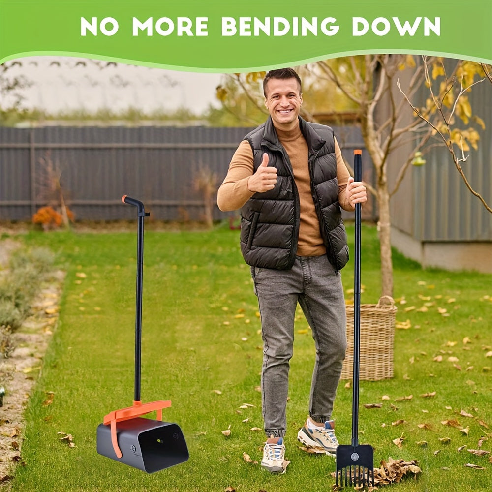 Dog owners with medium to small breeds can easily clean up their pet's mess with this heavy-duty poop scooper set. The set includes a swivel bin and rake with a long handle measuring 116.84cm/104.14cm. It is ideal for use on grass, dirt, or gravel.