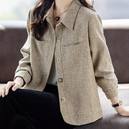 Women's Elegant Slim Fit Long Sleeve Jacket made of 100% Polyester with Asian Style Lapel Collar, Slight Stretch, and Button Detail. Ideal for Spring/Fall, available in Plus Size.