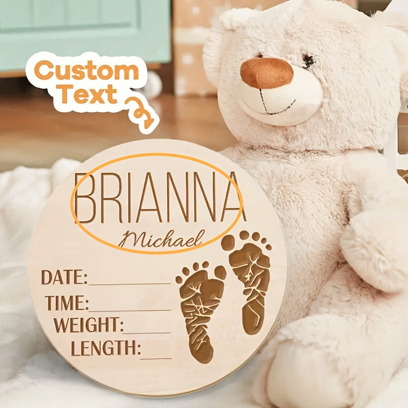 Personalized Wooden Baby Birth Announcement Sign with Custom Name and Footprint Design - Round Keepsake with Birth Details for Photo Props and Name Reveal - Suitable for Infants and Toddlers