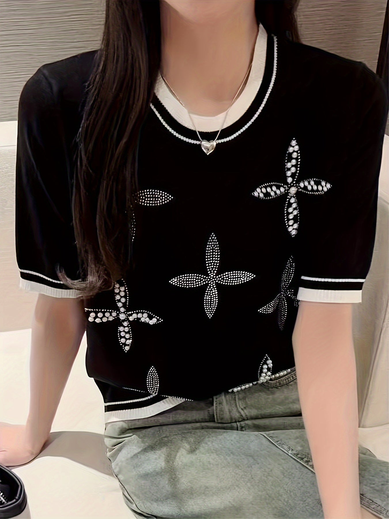 Beaded rhinestone crew neck knit top, short sleeve sweater for spring and summer, women's attire