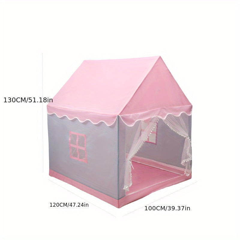 Pink indoor tent castle with hanging toy, made of durable PVC and polyester. Features plush interior, clock, and cute duckling decor for kids' rooms and kindergarten.