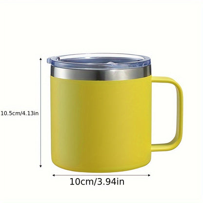 Stainless steel 14oz coffee mug with lid, double-walled vacuum insulation, ideal for hot or cold drinks.