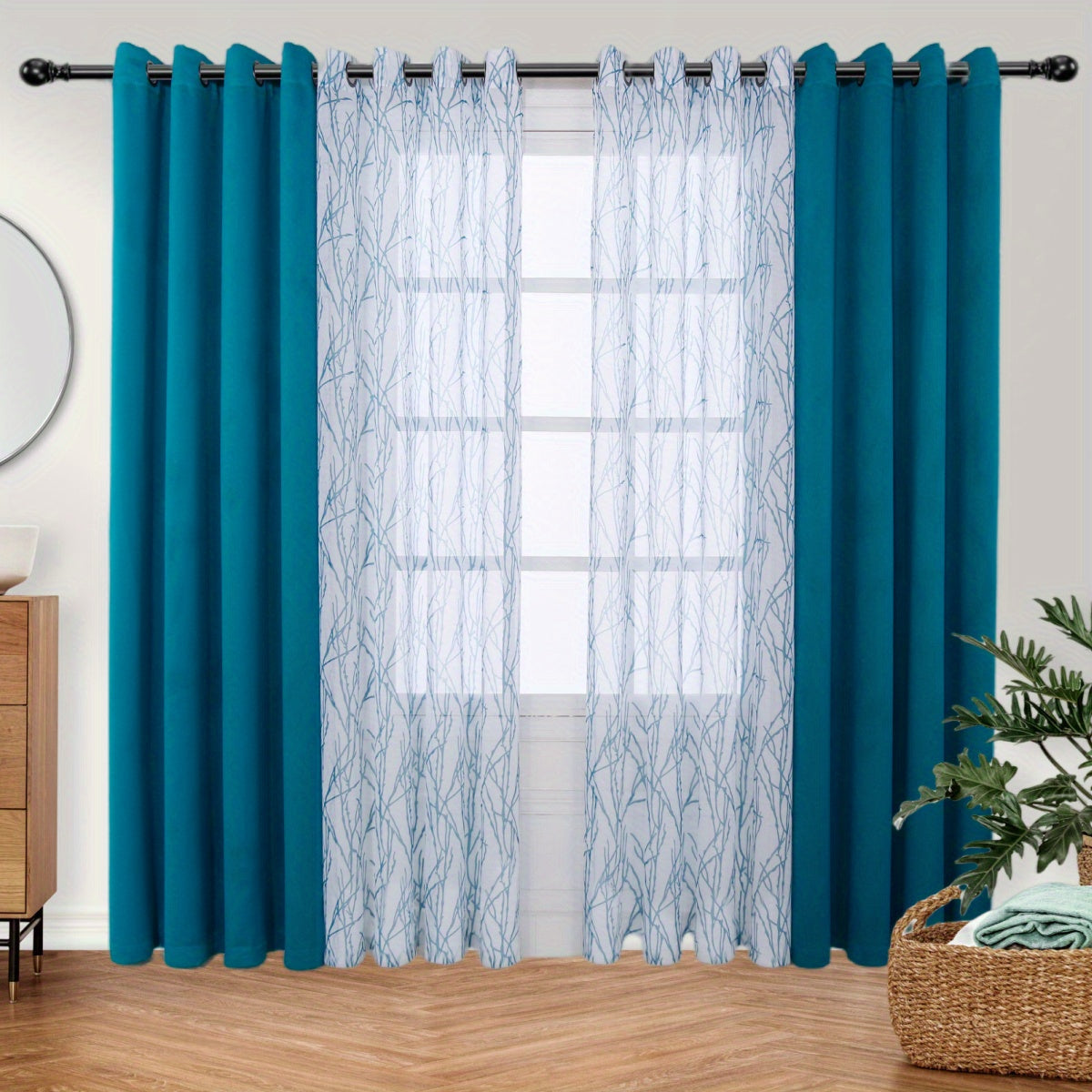 Pair of Curtains for Bedroom or Living Room - Includes 1 Sheer Branch Print Curtain and 1 Blackout Curtain, Grommet Style, 54x84 Inch Each, Dark Gray, Set of 2 Panels