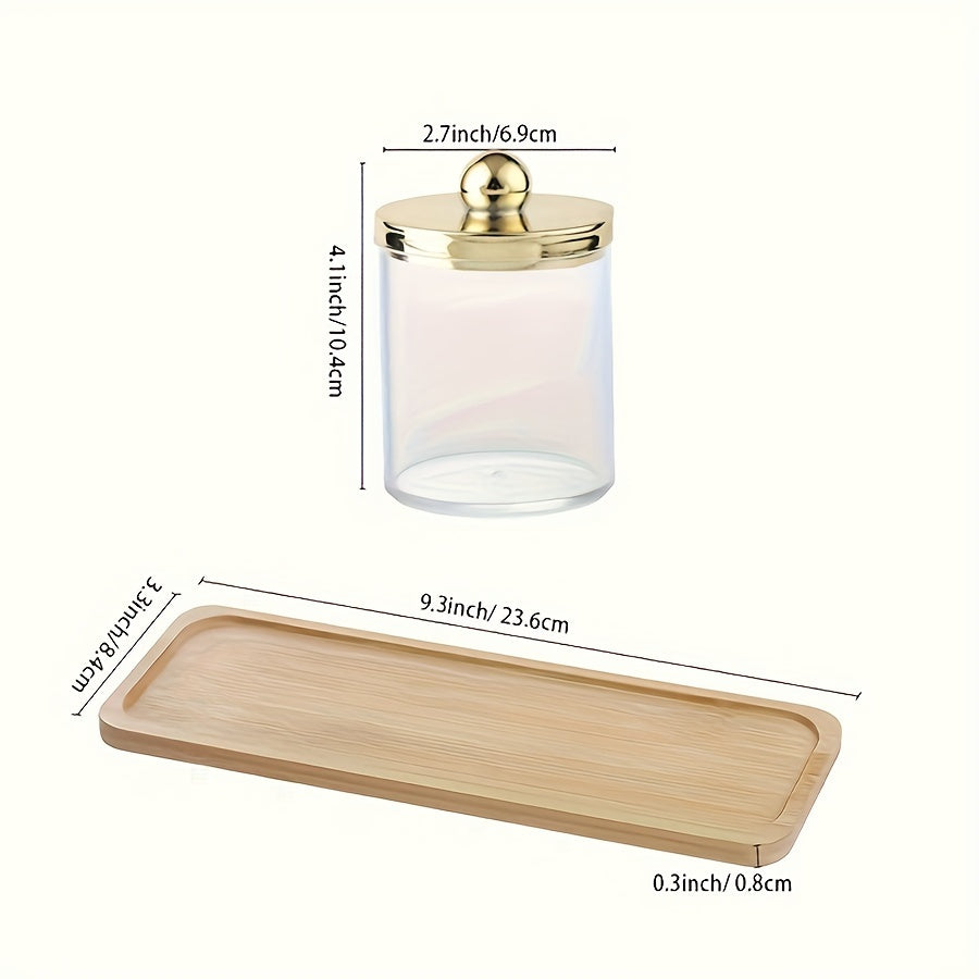 3-piece Qtip holder with tray, acrylic apothecary jars and lids for bathroom storage.