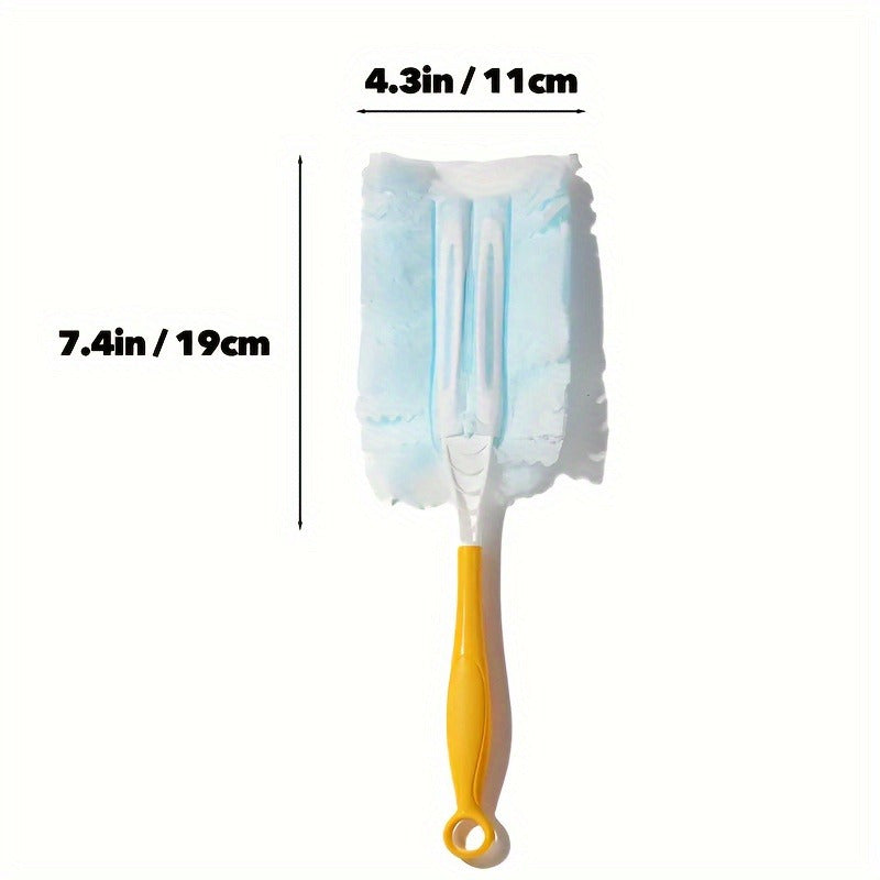 Yellow handle duster with disposable electrostatic dust collectors, perfect for various areas in your home. Doesn't require batteries and can efficiently remove dust from electronics, furniture, curtains, and ceiling fans. A must-have cleaning tool for