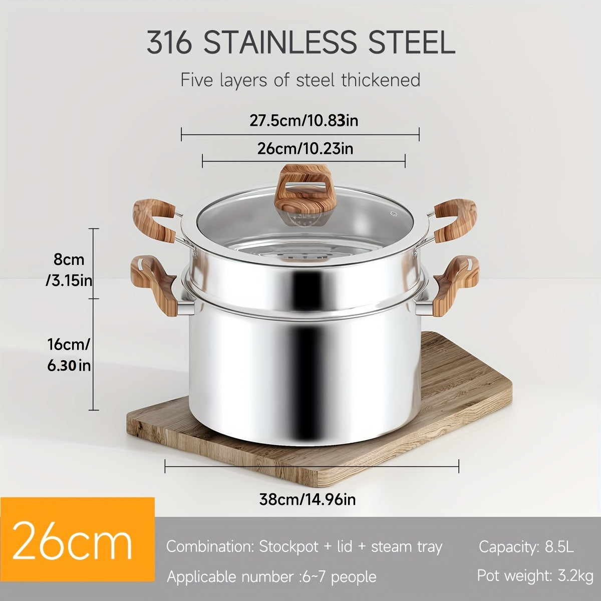 Five-layer composite steel pot for the kitchen, made of thickened food-grade 316 stainless steel. Non-stick and induction cooktop compatible. Features a deep soup pot and thickened steamer with 304 stainless steel lid. Ideal for cooking noodles