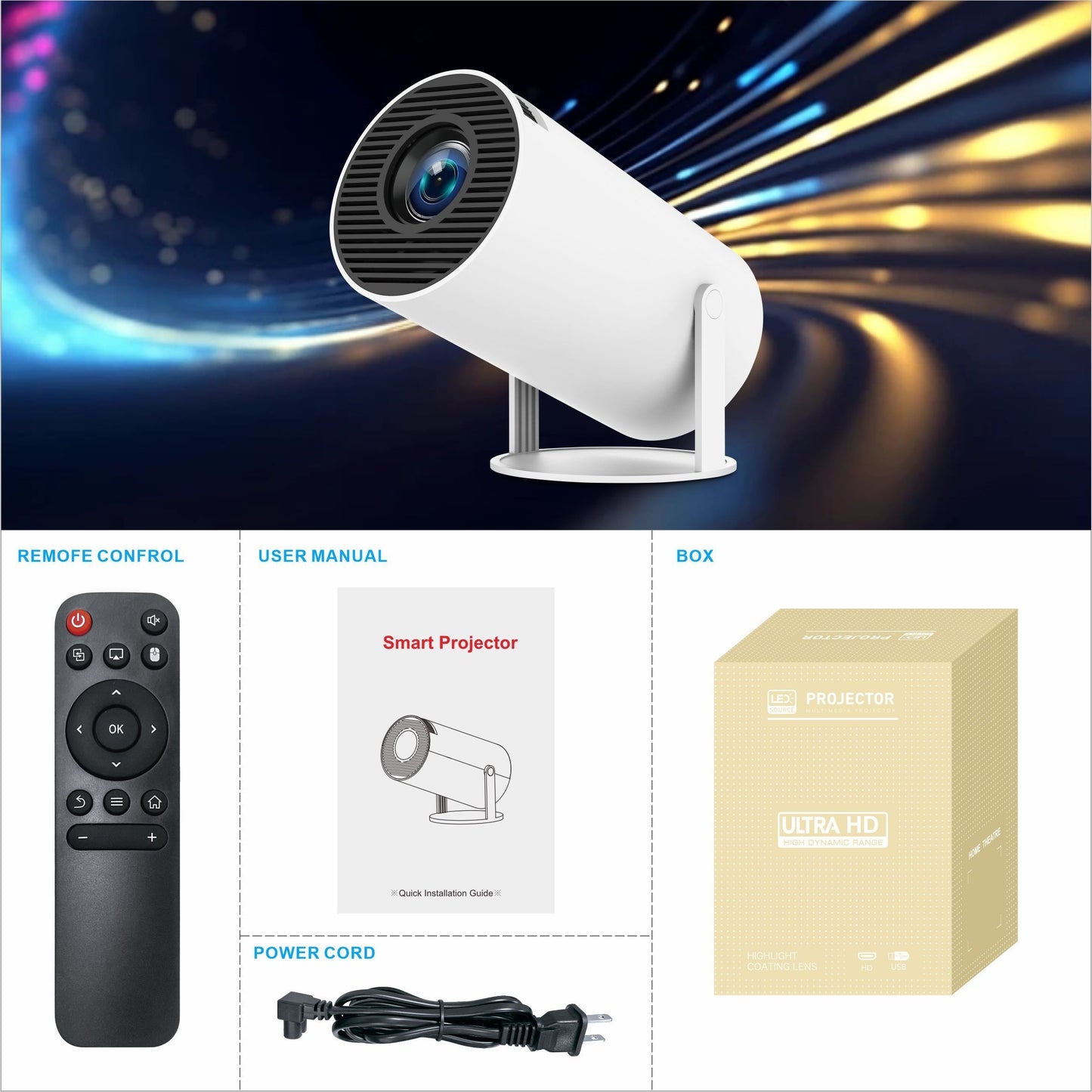 CRELANDER HY300 Pro Smart Projector with 720P LED, 160ANSI lumens brightness, dual band WIFI 6, Android compatibility, and portability.