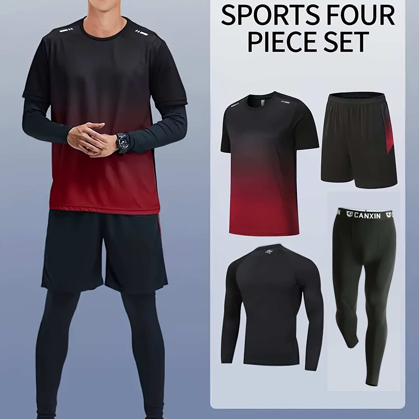 Men's Fitness Suit with loose short-sleeved shorts, quick-drying training, tight long-sleeved trousers for outdoor activities.