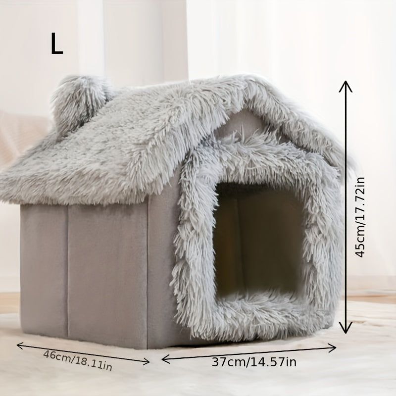 Plush pet bed for cats and dogs with removable non-slip bottom, suitable for four-season use in a semi-enclosed design.