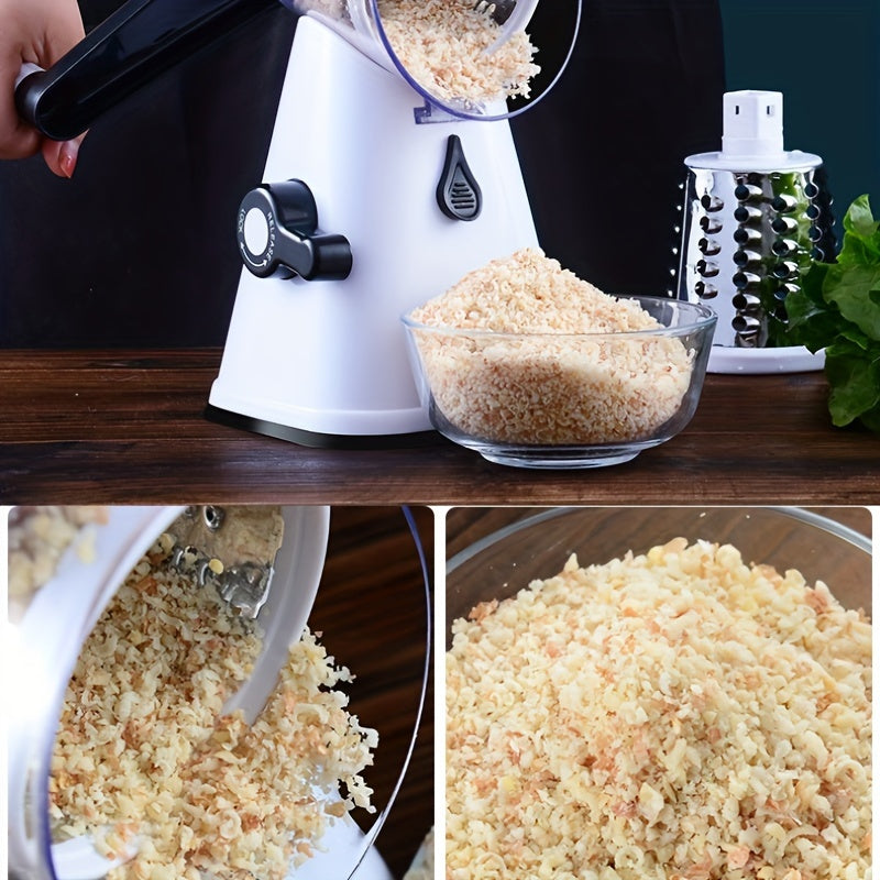 Handheld Kitchen Gadget with Safety Handle and Strong Suction Base - Manual Rotary Cheese Grater featuring 3 Stainless Steel Blades for Nut Grinding, Carrot Shredding, Fruit Slicing, and Potato Shredding.