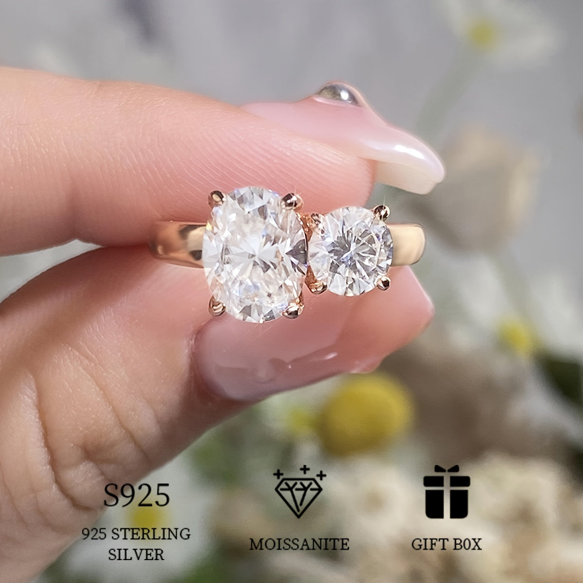 Elegant 925 Sterling Silver Ring with 2.8ct Moissanite Decor in Oval Shape, Two Stone Design. Perfect for Boho Style Women's Engagement or Wedding Ring. Hypoallergenic and Versatile, this Ring makes a great Mother's Day Gift. Comes with Moissanite