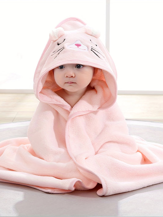 Soft and cozy microfiber baby bathrobe with elephant hood and matching hat, suitable for boys and girls aged 0-2 years. Features cartoon design, machine washable, and includes bath